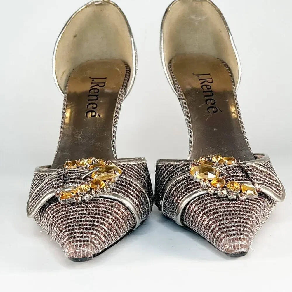 J Renee Brianna d'Orsay Silver Bronze Fabric Jeweled Stiletto Heels Shoes 7 - Picture 2 of 14